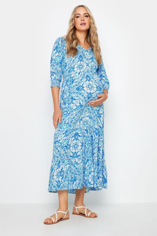  Grande Taille LTS Tall Maternity Blue Tile Print Tiered Midaxi Dress
