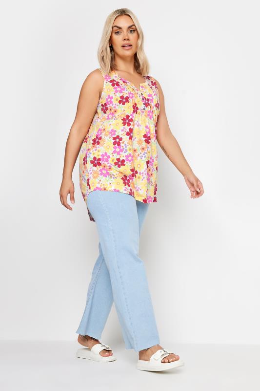 YOURS Plus Size Yellow Floral Print Pintuck Henley Vest Top | Yours Clothing 2