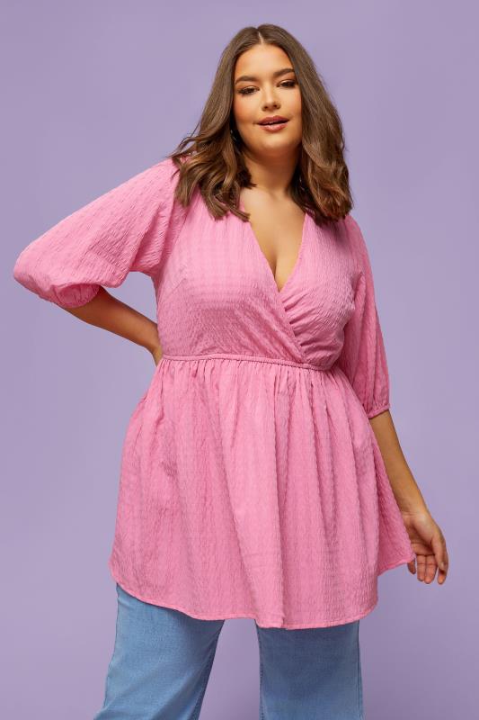 YOURS Plus Size Pink Textured Wrap Top | Yours Clothing 1