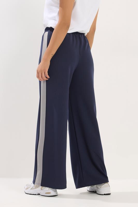 PixieGirl Petite Women's Navy Blue Side Stripe Wide Leg Trousers | PixieGirl 2