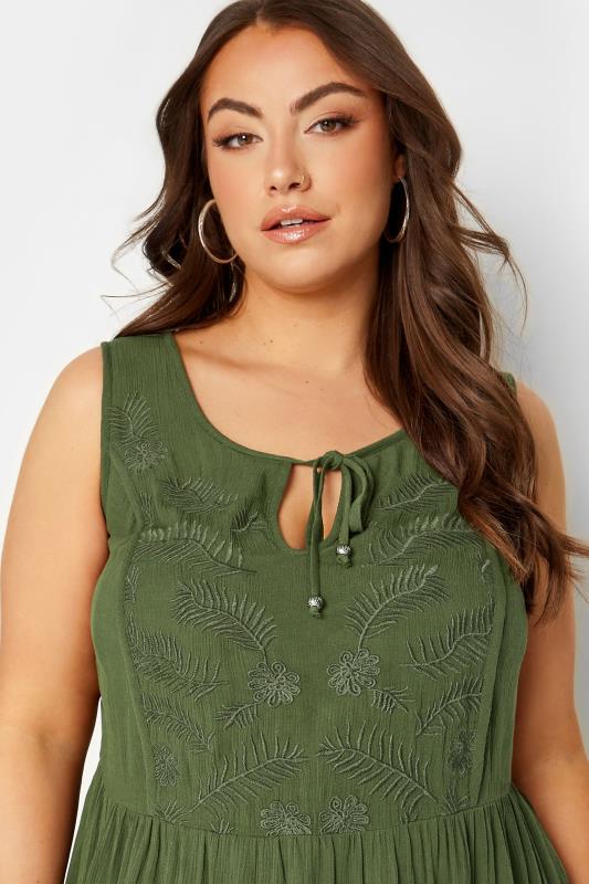 YOURS Plus Size Khaki Green Embroidered Peplum Vest Top | Yours Clothing 4