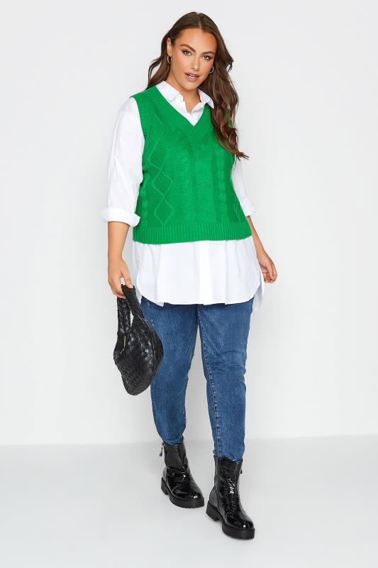 Plus Size Bright Green Cable Knit Sweater Vest Top | Yours Clothing 2