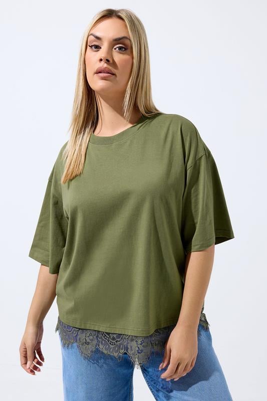  LIMITED COLLECTION Curve Khaki Green Lace Hem T-Shirt