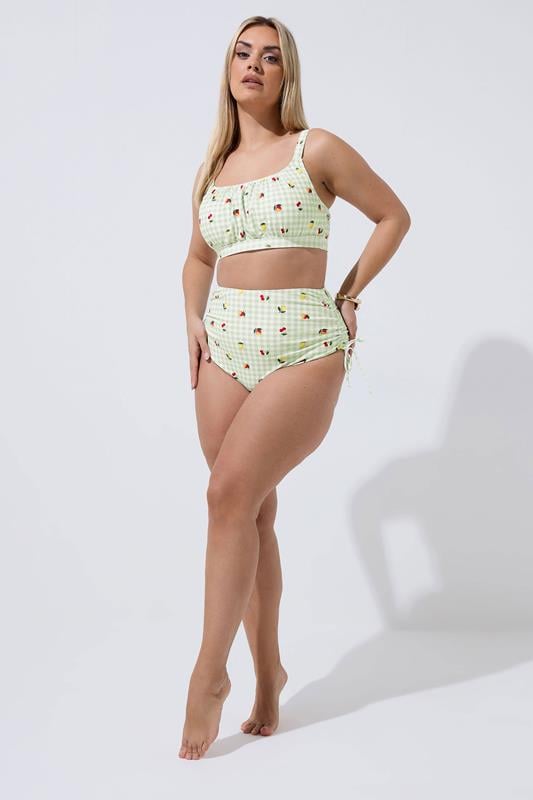 LIMITED COLLECTION Plus Size Green Gingham Fruit Print Bikini Top | Yours Clothing 2