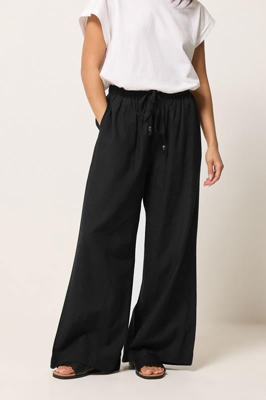 PixieGirl Petite Women's Black Beaded Linen Wide Leg Trousers | PixieGirl 1