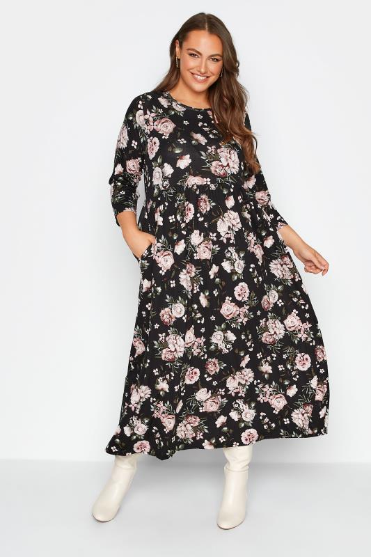  Grande Taille Curve Black Floral Print Midi Dress