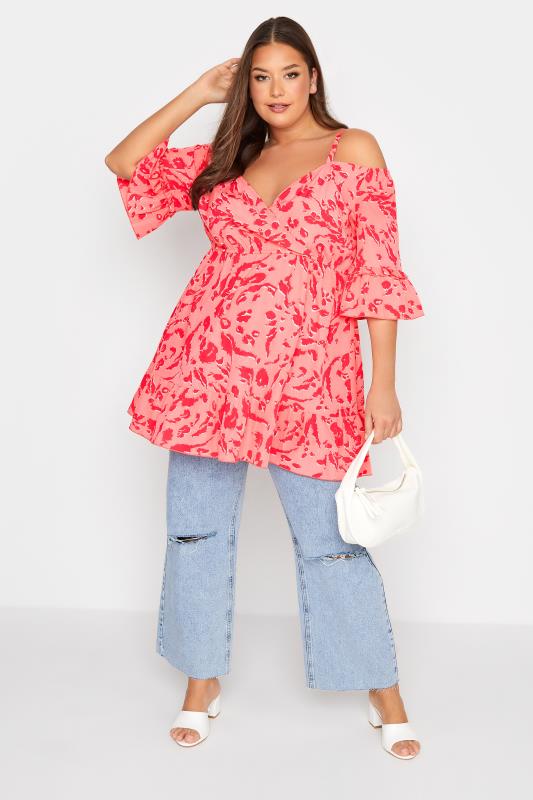 Plus Size Pink Leopard Print Cold Shoulder Top | Yours Clothing 2