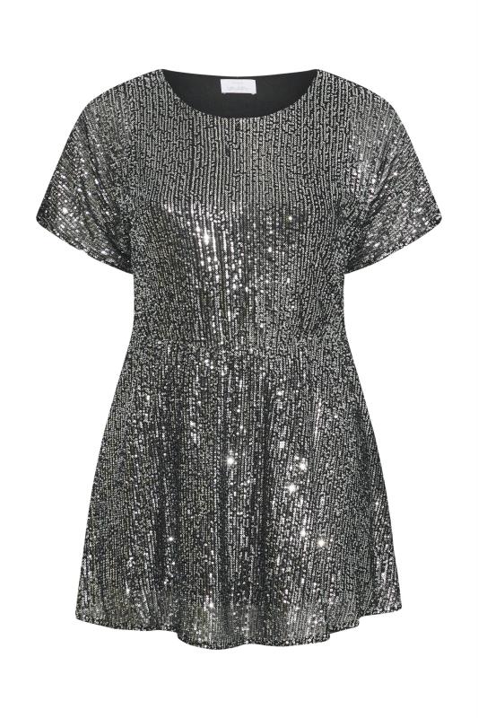 YOURS LONDON Plus Size Silver Sequin Embellished Peplum Top | Yours Clothing 6