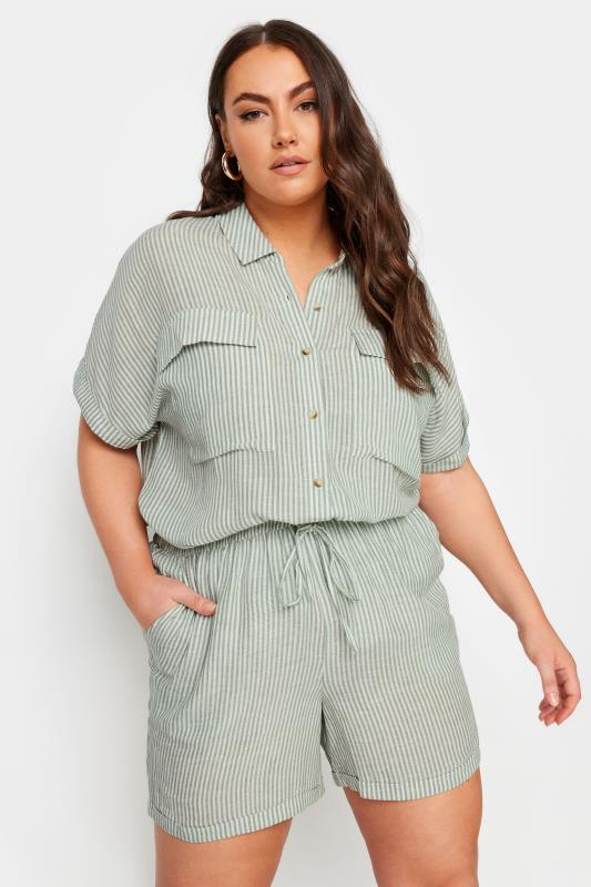 YOURS Plus Size Sage Green Stripe Linen Shorts | Yours Clothing 1