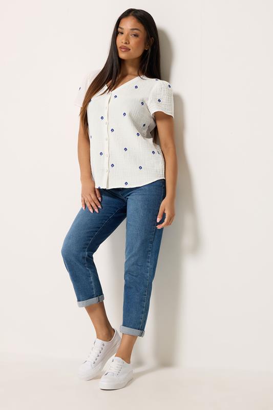 M&Co Petite White Floral Embroidered Cotton Short Sleeve Blouse | M&Co 1