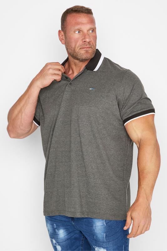 BadRhino Big & Tall Charcoal Grey Contrast Stripe Collar Polo Shirt 1