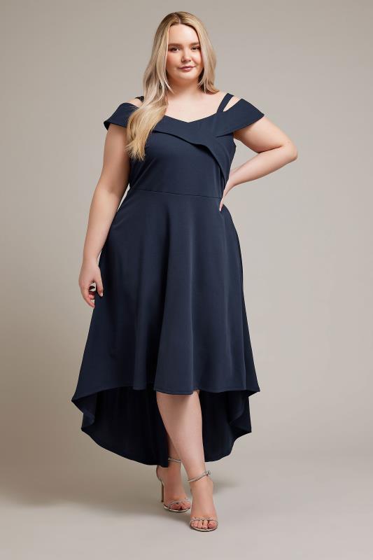YOURS LONDON Plus Size Navy Blue Bardot Dipped Hem Dress | Yours Clothing 4