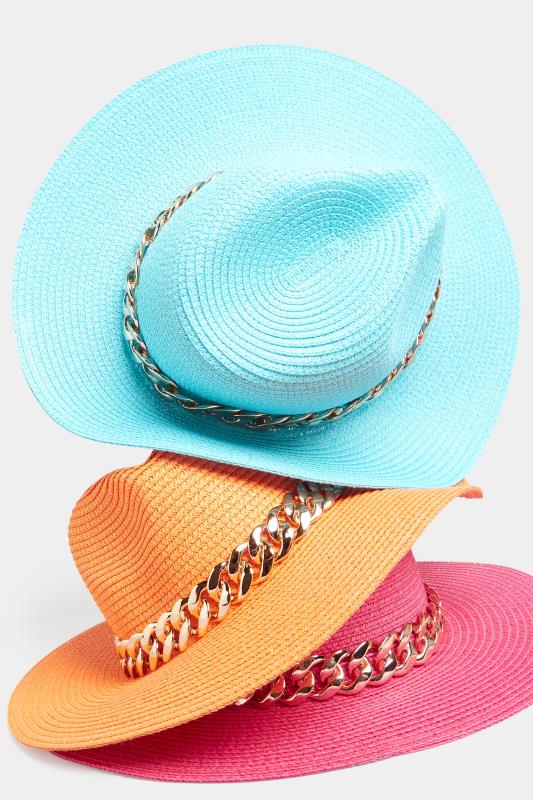 Bright Blue Straw Chain Fedora Hat | Yours Clothing  5