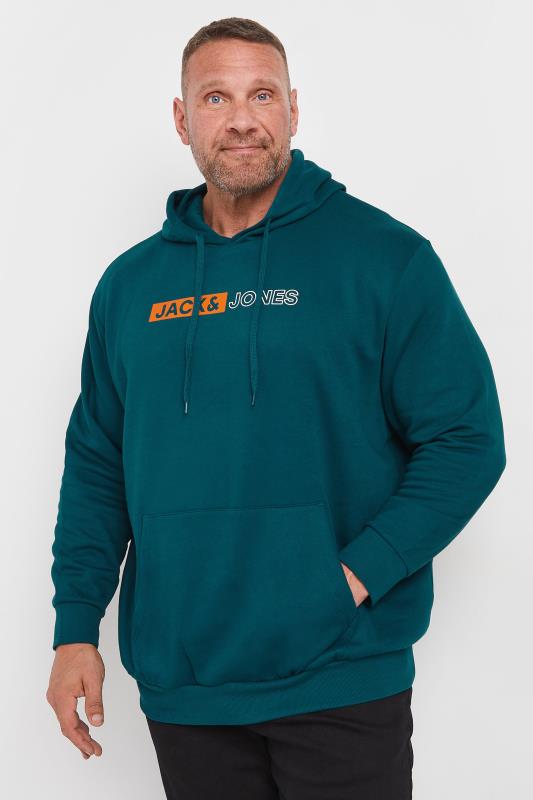 JACK & JONES Big & Tall Teal Logo Long Sleeve Hoodie | BadRhino 1