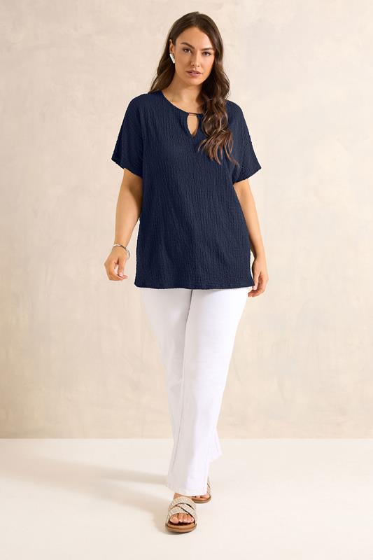 EVANS Curve Navy Blue Grown On Sleeve Textured Top | Evans 1