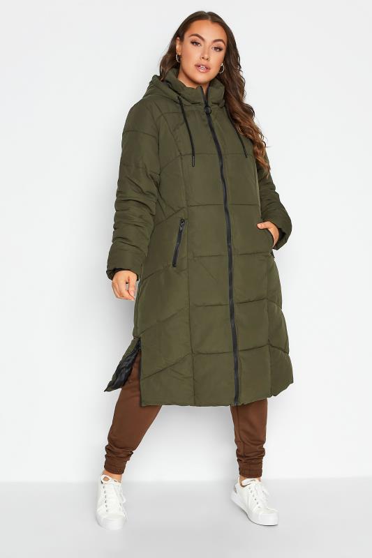 Plus Size  YOURS Curve Khaki Green Hooded Puffer Maxi Coat