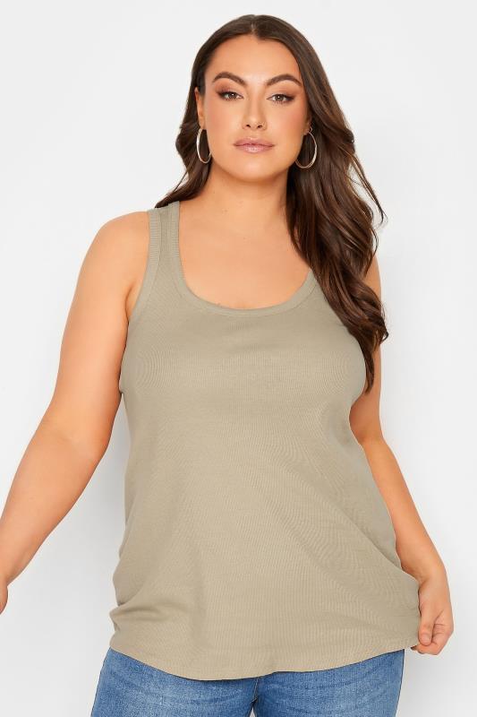 YOURS Plus Size Beige Brown Ribbed Racer Back Vest Top | Yours Clothing  2