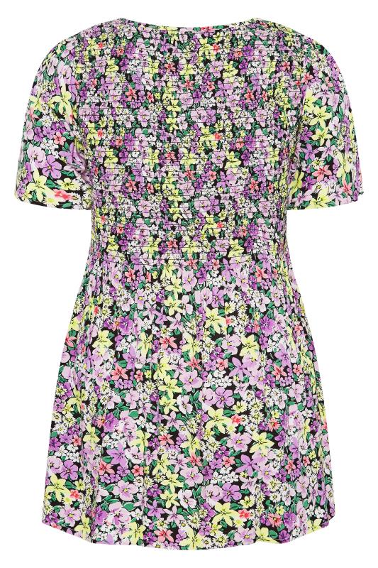 Plus Size Black & Purple Floral Print Shirred Smock Top | Yours Clothing  7