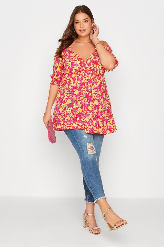 Plus Size Red Floral Cold Shoulder Top | Yours Clothing 2