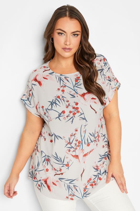 Plus Size  YOURS Curve White Floral Print Tab Sleeve Blouse