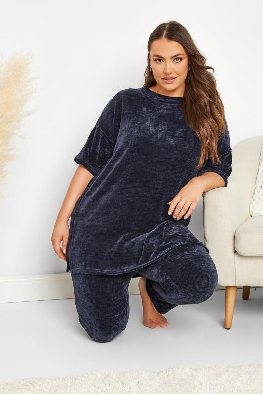  dla puszystych YOURS Curve Navy Blue Chenille Lounge Top