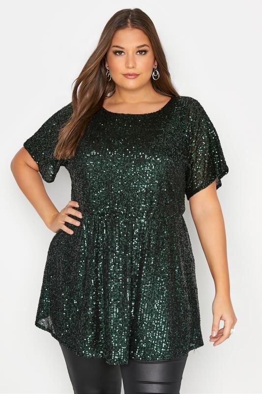  Grande Taille YOURS LONDON Green Sequin Peplum Top