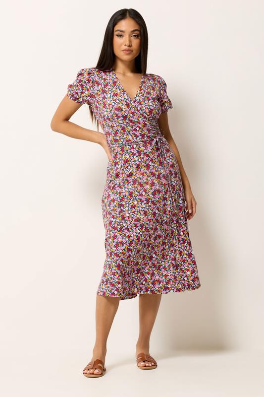M&Co Petite Pink Ditsy Floral Midi Wrap Dress | M&Co 1