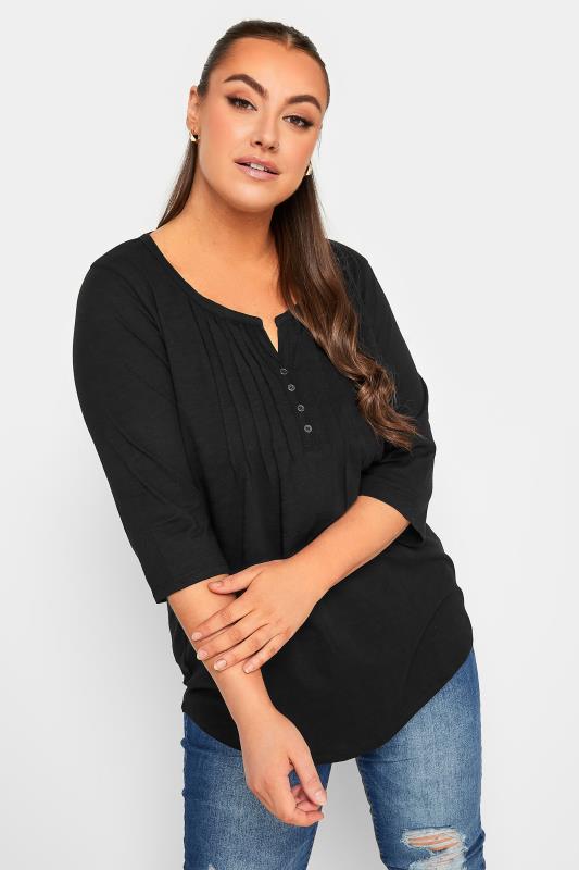 YOURS Plus Size 2 PACK Black & Red Ditsy Floral Pintuck Henley Tops | Yours Clothing 3