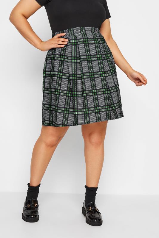  dla puszystych LIMITED COLLECTION Curve Grey & Green Check Pleated Stretch Skater Skirt