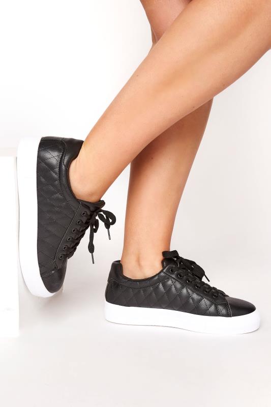 Petite  LIMITED COLLECTION Black Quilted Trainers In Wide E Fit