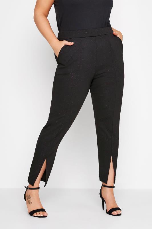 LIMITED COLLECTION Plus Size Black & Pink Glitter Split Hem Tapered Trousers | Yours Clothing 1