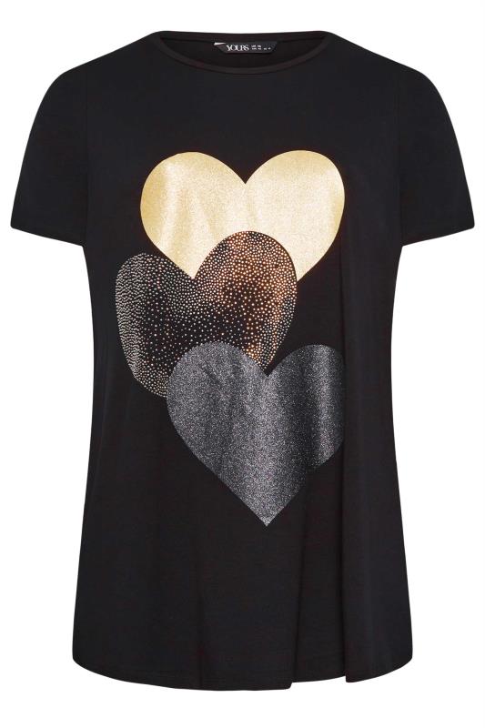 YOURS Curve Plus Size Black Glitter Heart Print T-Shirt | Yours Clothing  6