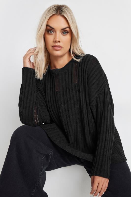 LIMITED COLLECTION Plus Size Black Ladder Stitch Knitted Jumper | Yours Clothing 1