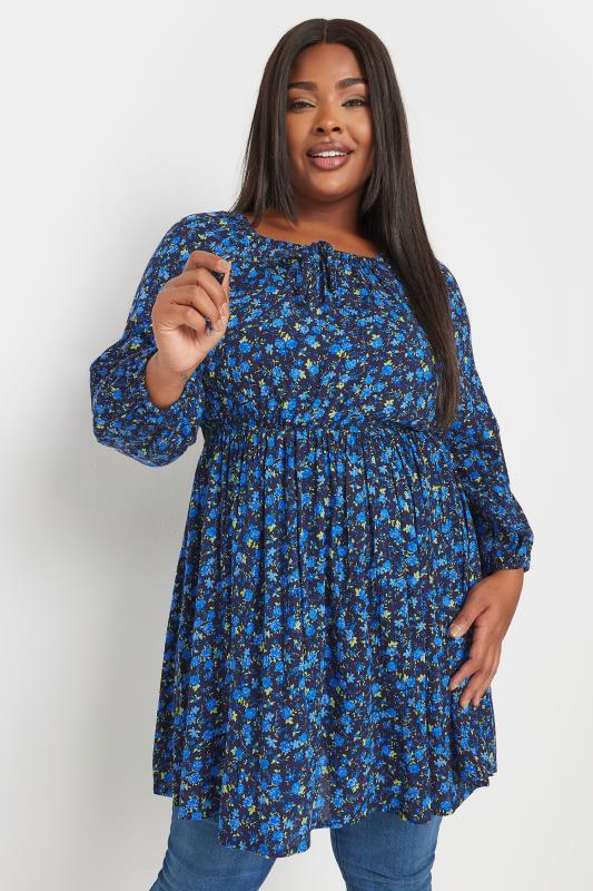 YOURS Plus Size Navy Blue Floral Crinkle Tie Neck Blouse | Yours Clothing  2