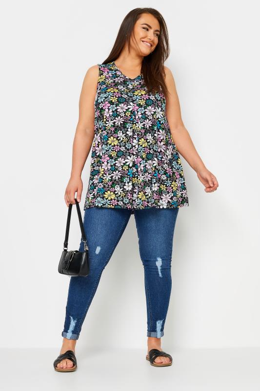 YOURS Plus Size Black Daisy Print Pleated Swing Vest Top | Yours Clothing 2