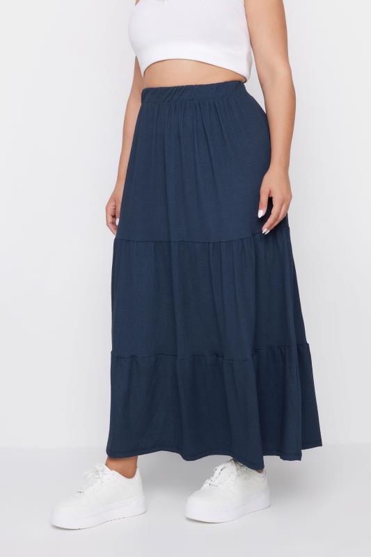 YOURS Plus Size Navy Blue Textured Maxi Skirt | Yours Clothing 1