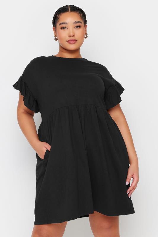 YOURS Plus Size Black Frill Sleeve Smock Tunic Dress | Yours Clothing 1