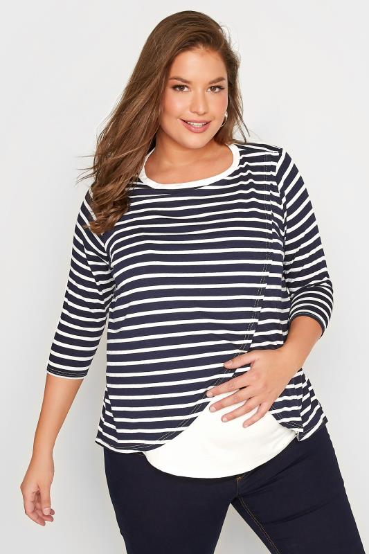 Plus Size BUMP IT UP MATERNITY Navy Blue & White Stripe Nursing Top | Yours Clothing 1