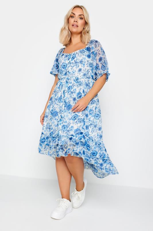 LIMITED COLLECTION Plus Size Blue Floral Print Dipped Hem Midi Dress | Yours Clothing 4