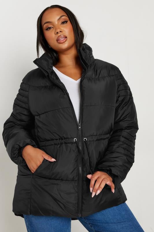 YOURS Plus Size Black Padded Drawstring Coat | Yours Clothing 1