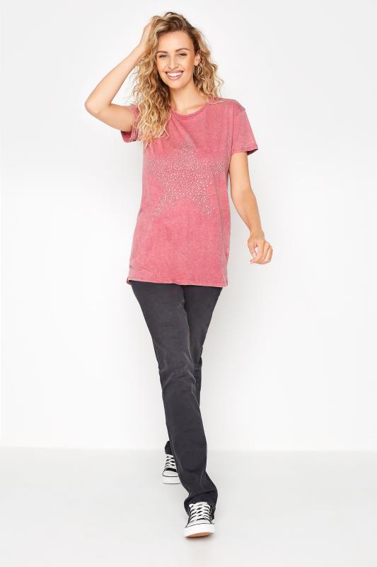 LTS Tall Pink Acid Wash Star Embellished T-Shirt 2
