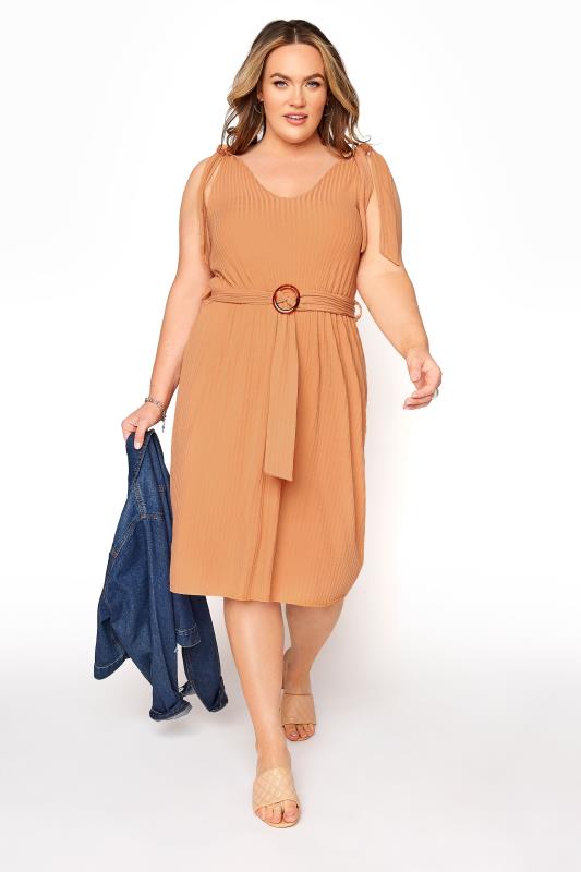 YOURS LONDON Curve Tan Brown Rib Belted Bow Shoulder Dress 1