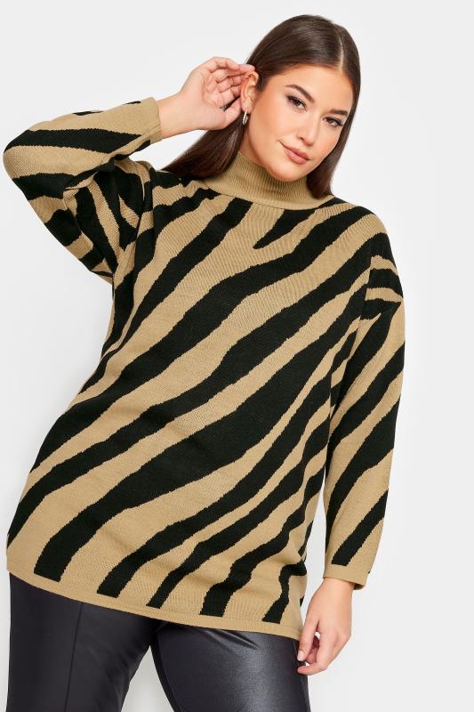 YOURS Plus Size Beige Brown Zebra Print Turtle Neck Jumper | Yours Clothing 1