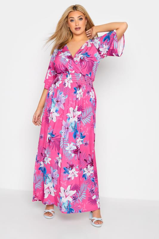 Plus Size  YOURS LONDON Curve Hot Pink Floral Shirred Waist Maxi Dress
