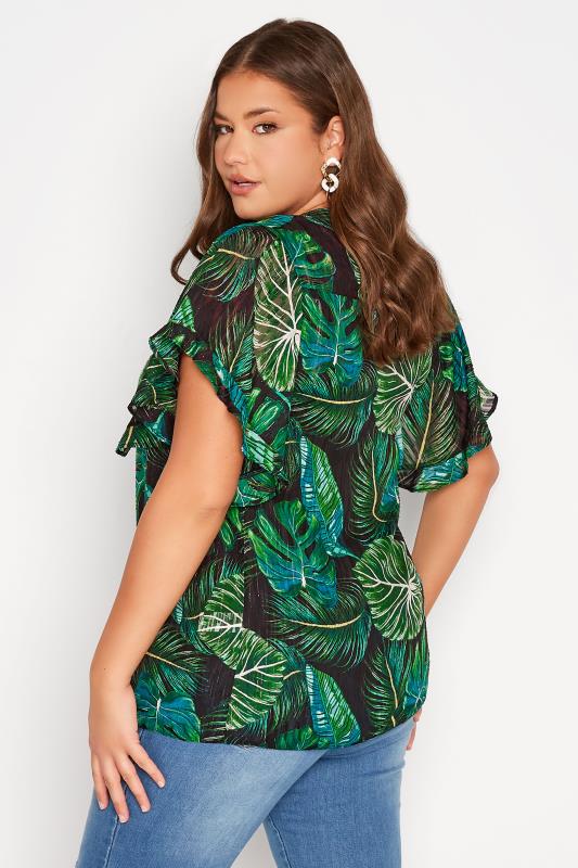 Plus Size Black & Green Leaf Print Frill Sleeve Shirt | Yours Clothing 3