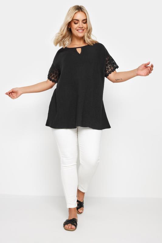 YOURS Plus Size Black Cheesecloth Crochet Top | Yours Clothing 2