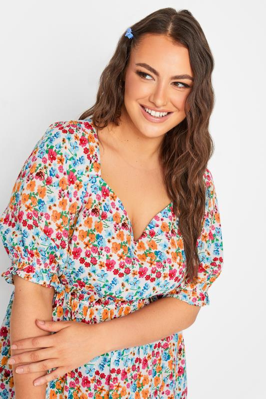 YOURS Plus Size Orange & Blue Floral Sweetheart Peplum Top | Yours Clothing 4