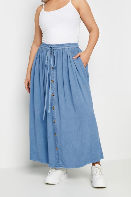 Plus Size  YOURS Curve Blue Chambray Button Front Maxi Skirt