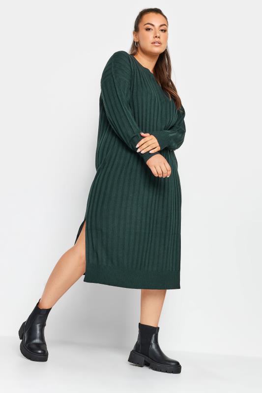 Plus Size  YOURS Curve Green Ribbed Midi Knitted Jumper Dress