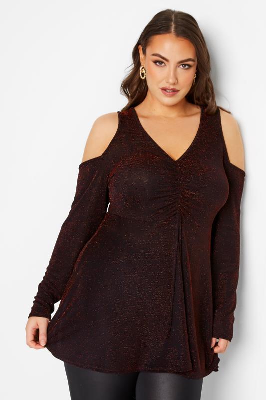 Plus Size  LIMITED COLLECTION Curve Black & Red Glitter Cold Shoulder Top